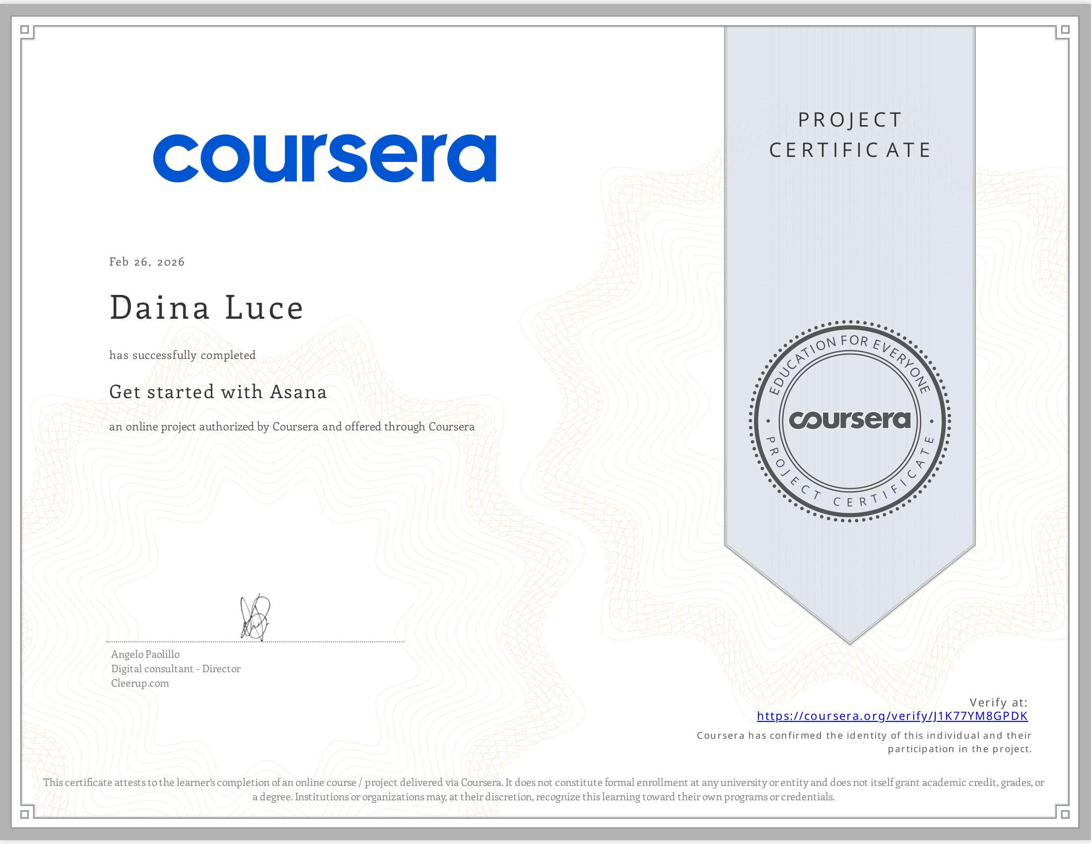 Asana Fundamentals Certificate