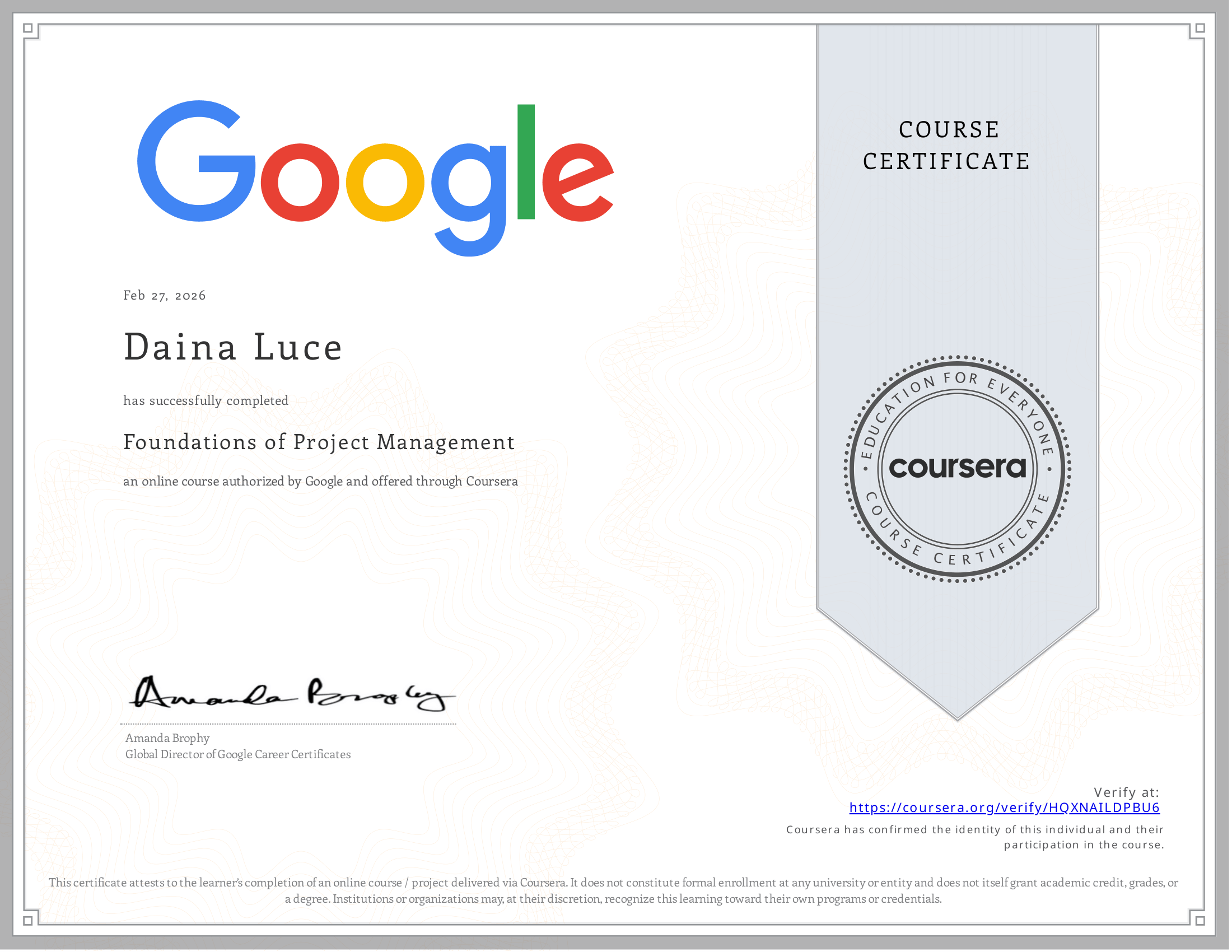 Google Project Management Certificate